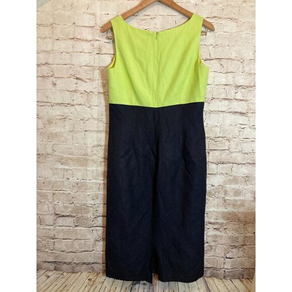 Lennie NY Dress Womens 12 Midi Linen Neon Green Black Colorblock Sheath Zip Up - Picture 10 of 12